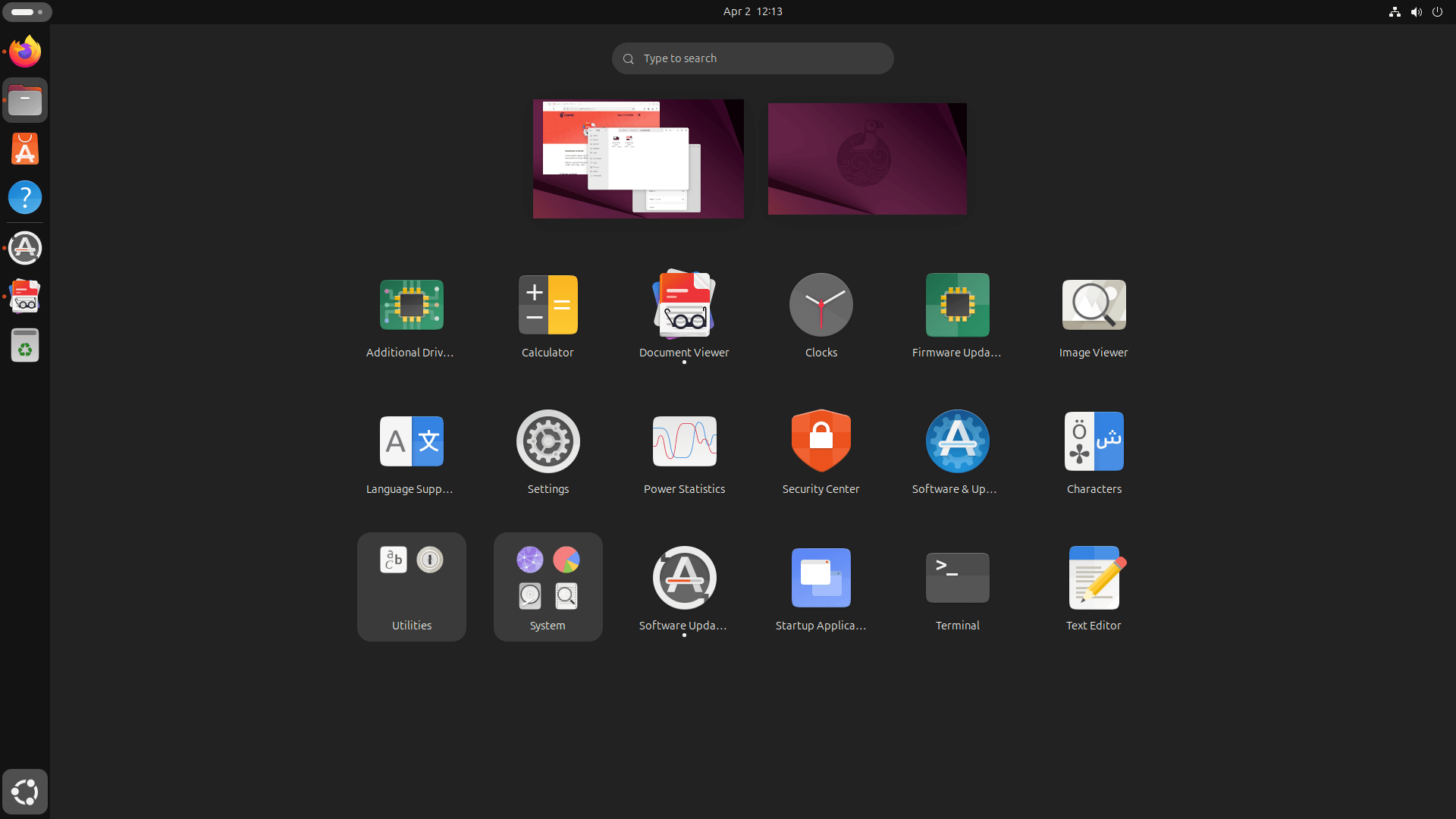 a screenshot that shows all the installed applications on a vanilla ubuntu 25.04 installation