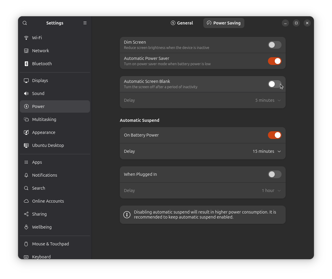 ubuntu 25.04 automatic screen blank toggle in power settings