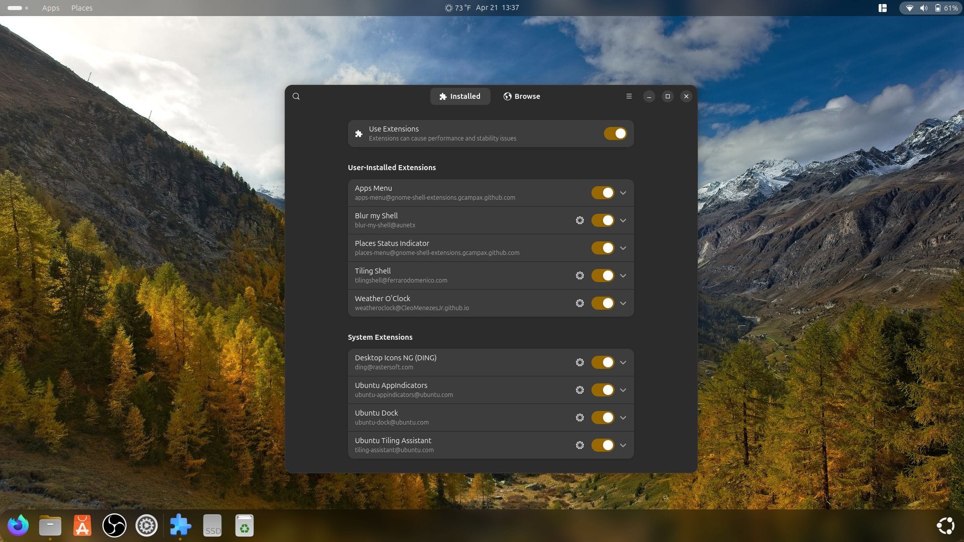 ubuntu 25.04 extension manager open with many gnome extensions installed, some of them are app menu, blur my shell, places status indicator, tiling shell, and weather o' clock