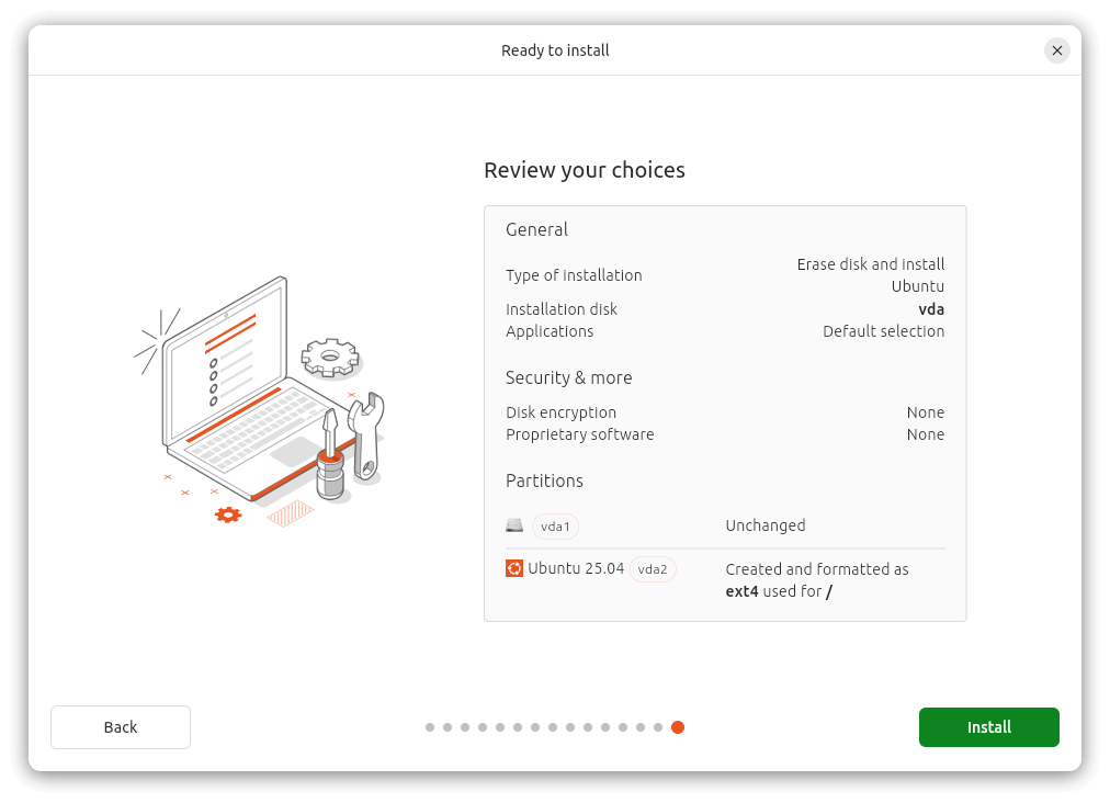 a screenshot of the final page on the installer for ubuntu 25.04