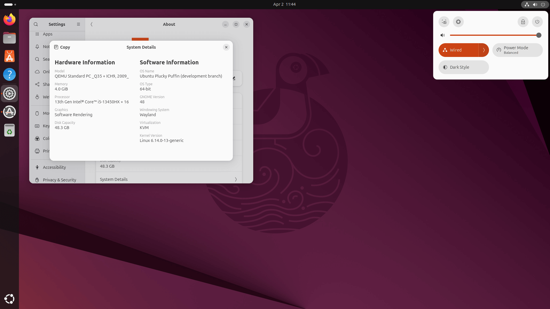 ubuntu 25.04 desktop view with the settings app showing system details and the quick settings dropdown open