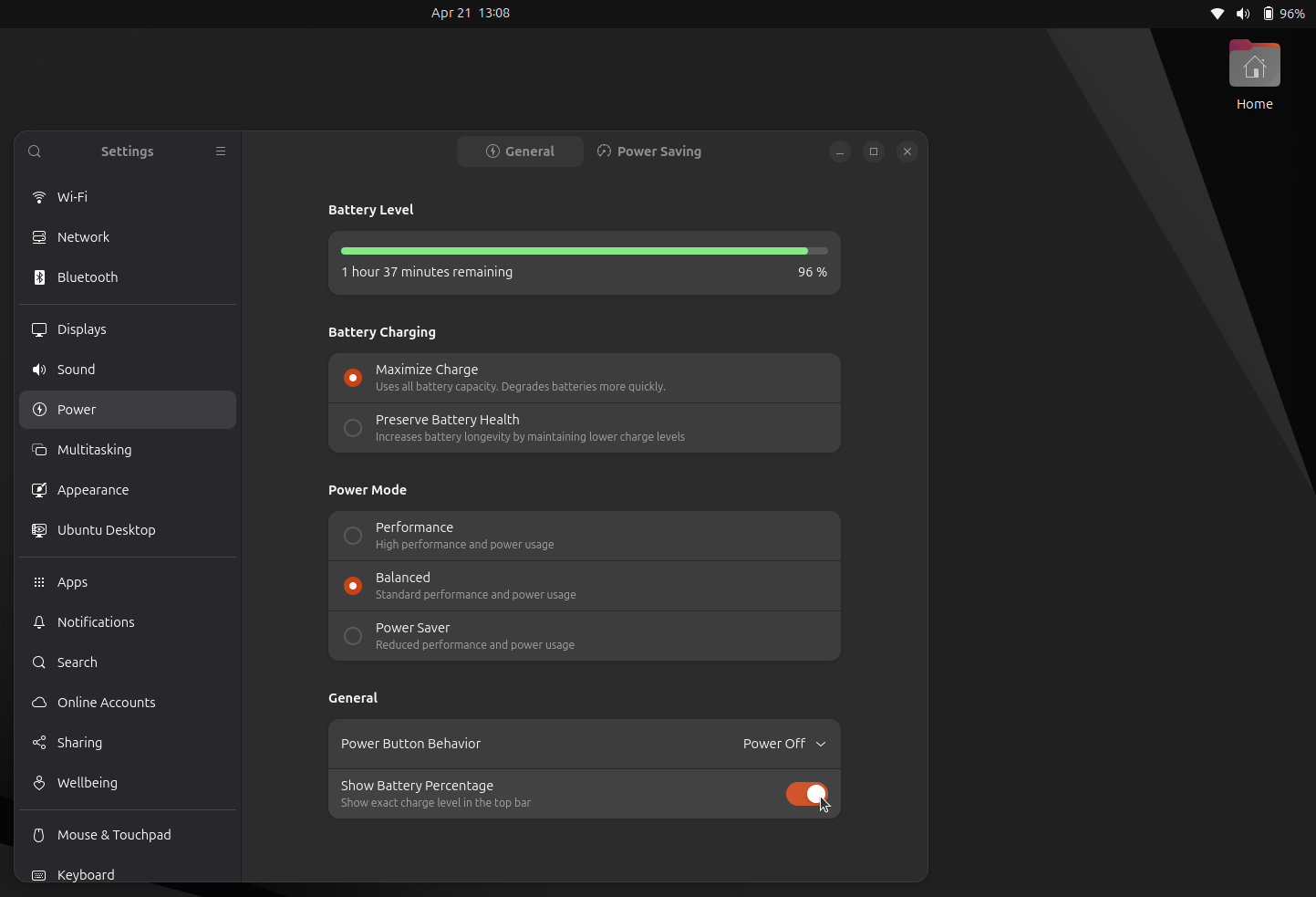 ubuntu 25.04 show battery percentage toggle in power settings
