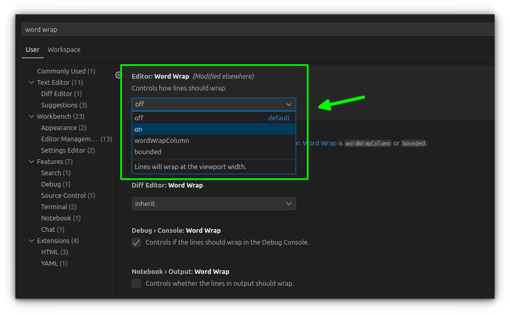 setting up the default behavior of wordwrap from settings