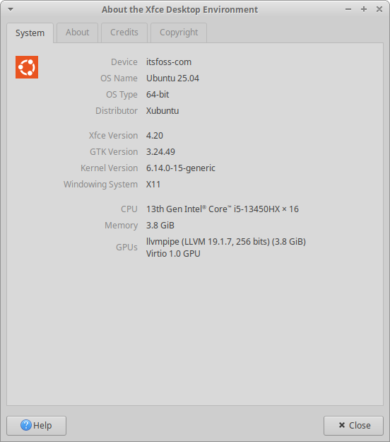 the xfce about dialog open on xubuntu 25.04