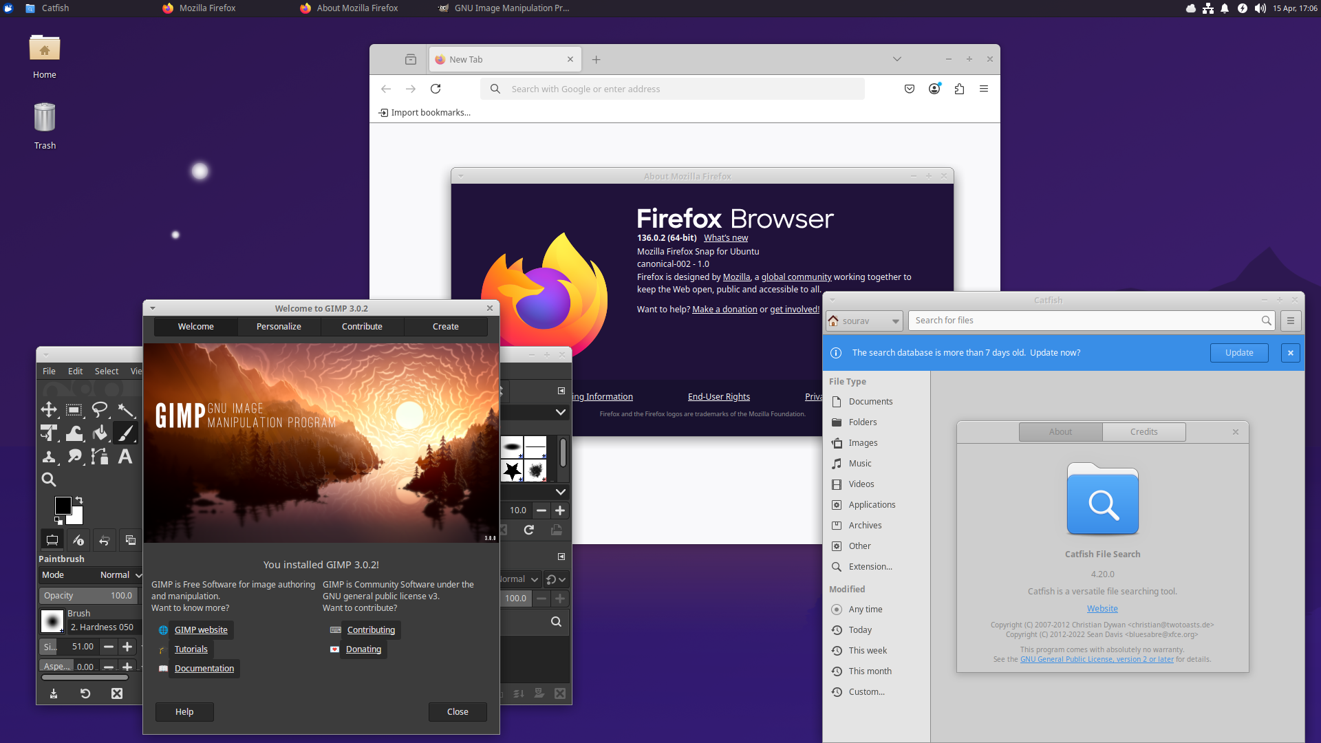 on a xubuntu 25.04 system, apps like gimp 3.0.2, firefox 136.0.2, and catfish 4.20.0 are shown