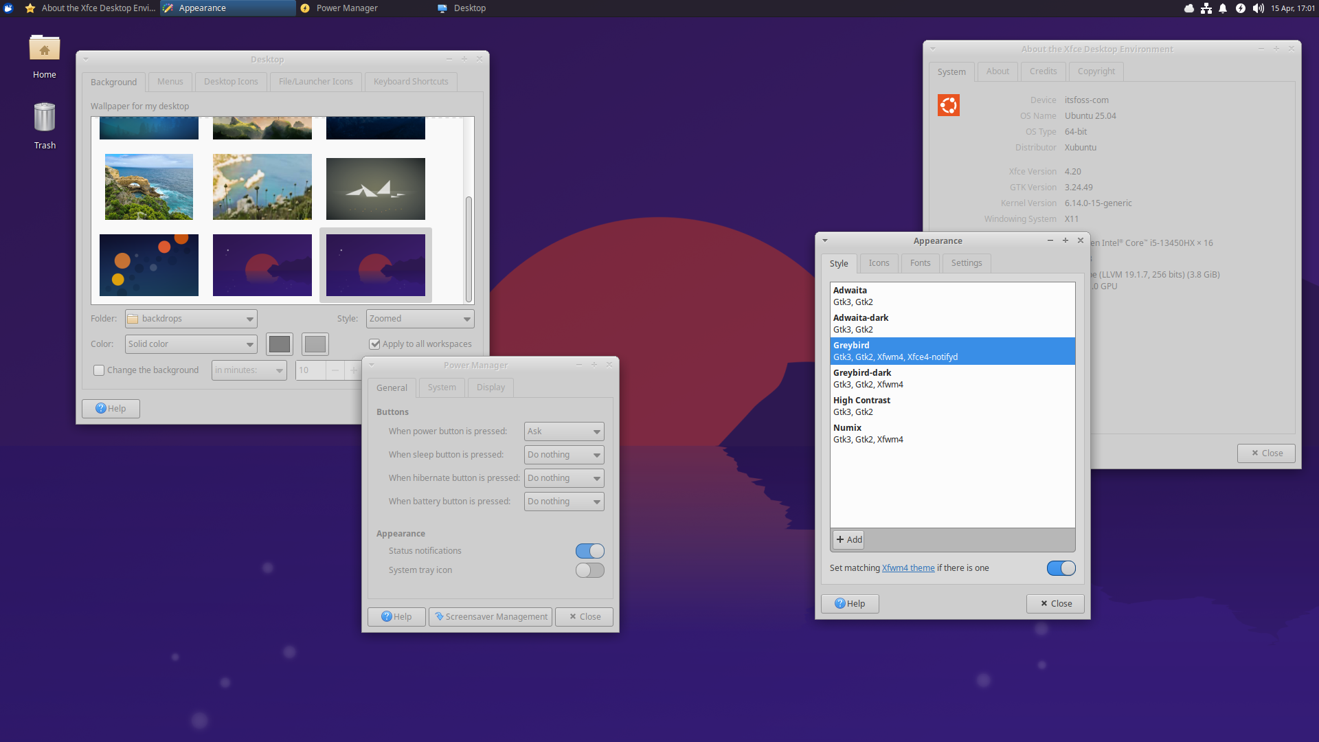 a screenshot with the new xubuntu 25.04 wallpaper and many xfce apps open