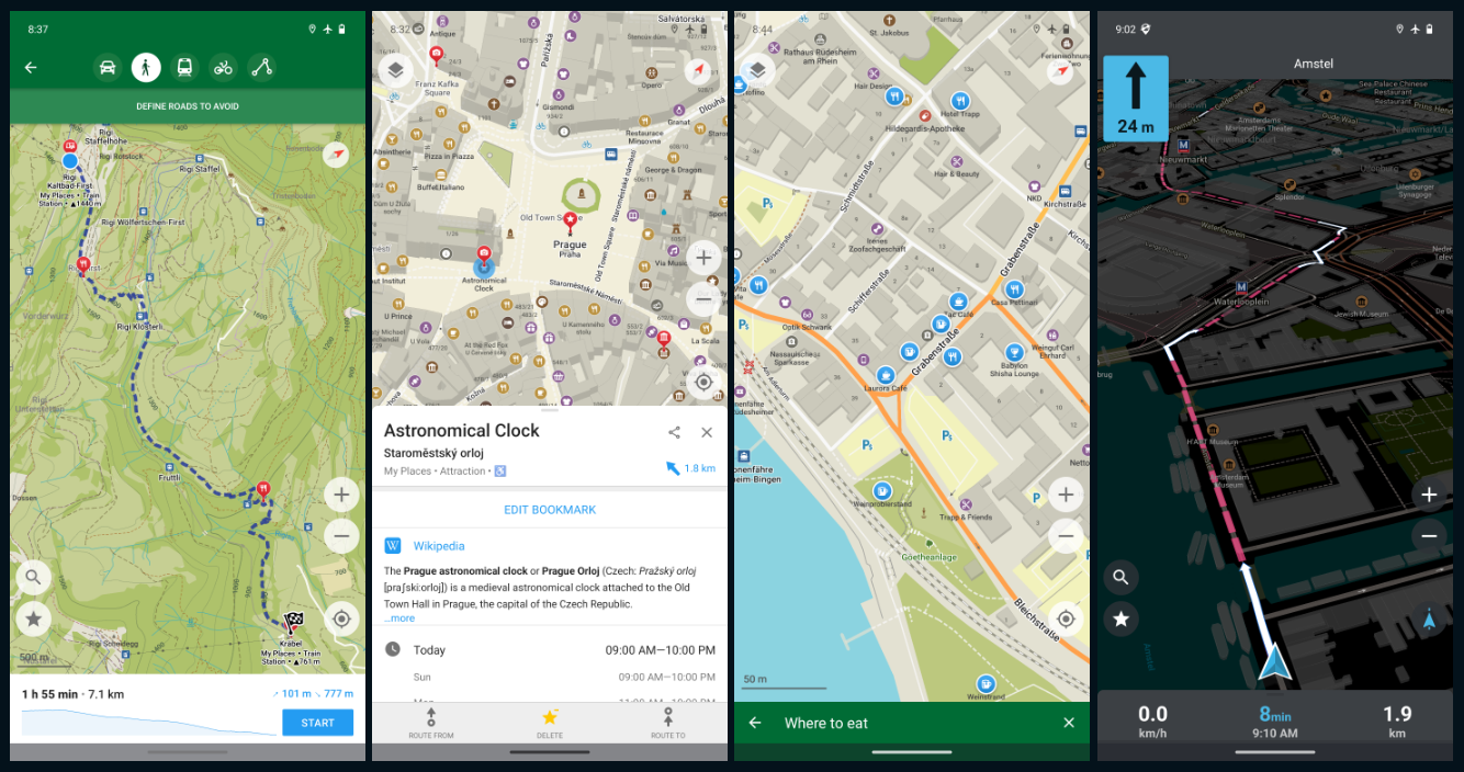 four screenshots of comaps that show different pages of the app like walking navigation, location detail, 3d map of a city, and live navigation through a city