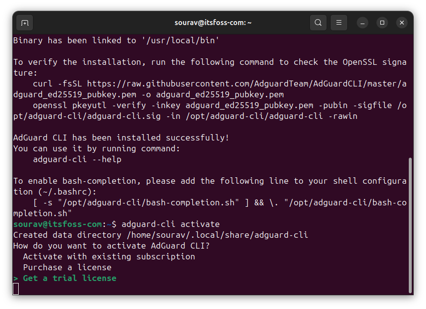a screenshot that showcases the adguard installation process on a linux system