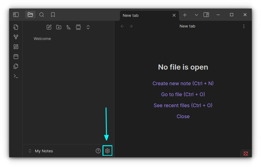 Click on settings gear at the bottom of Obsidian Window to go to Obsidian settings.