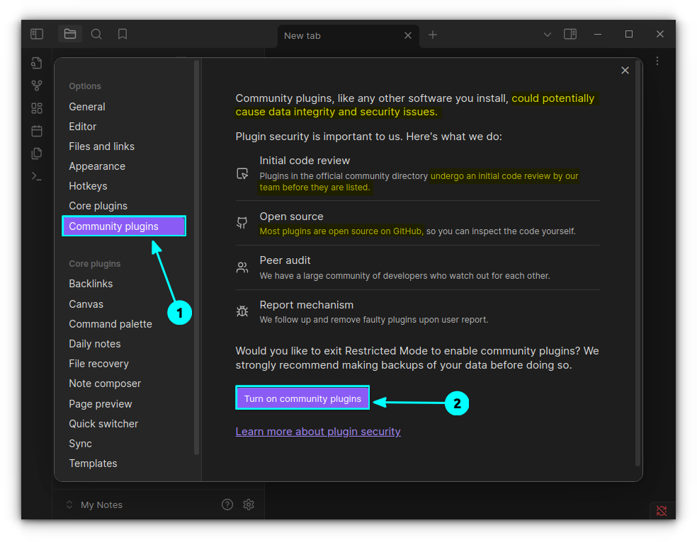Click on "Turn on community plugins" button in Obsidian settings
