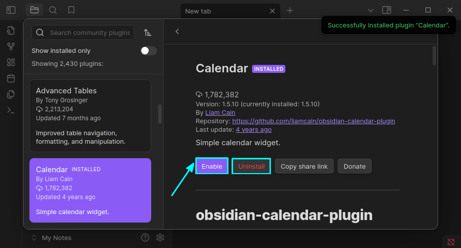 Enable or uninstall a plugin from that plugins page