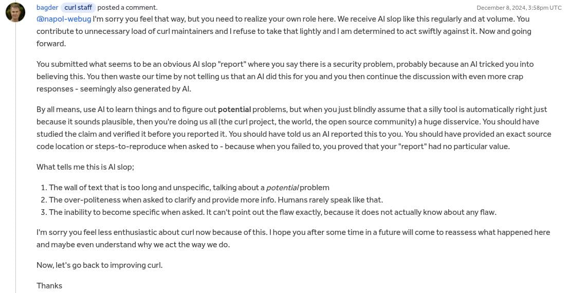 a screenshot of a reply posted by daniel stenberg on the hackerone page for curl