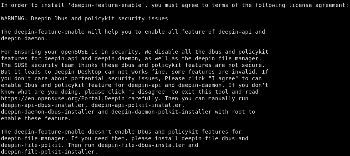a screenshot of the license agreement for the deepin-feature-enable package on opensuse