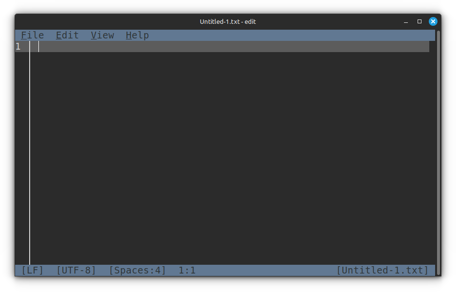 MS Edit default window. It is a Terminal User Interface or TUI. A terminal version of menu bar can be seen in the top bar, along with a status bar at the bottom