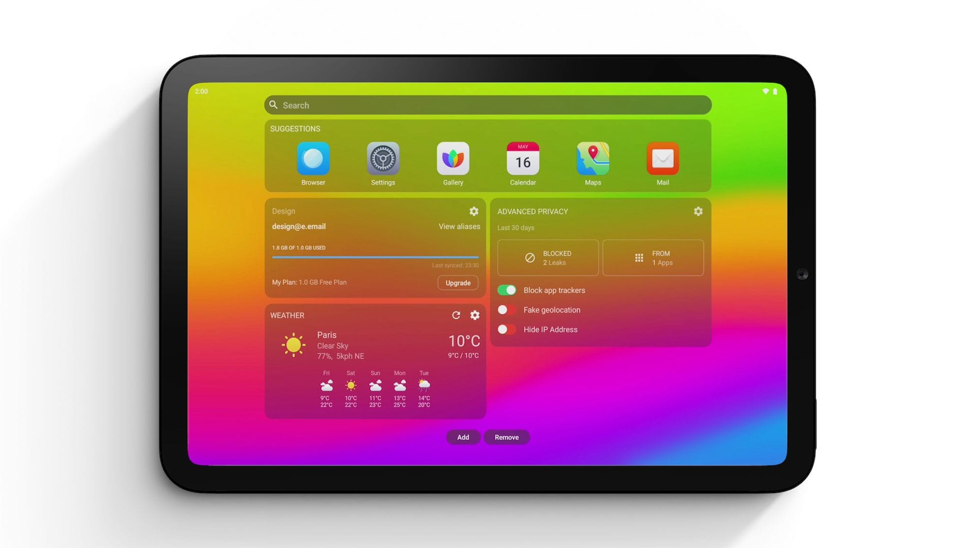 an illustration that shows a tablet with a screenshot of /e/os 3.0's tablet mode in it