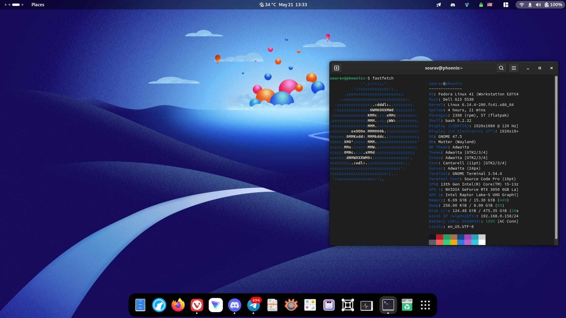 fasfetch output of fedora 41 with the version specific wallpaper in the background with baloons in it