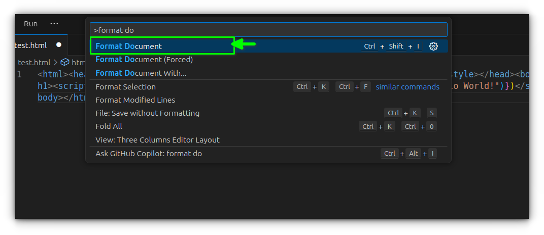 selecting format document from command pallete