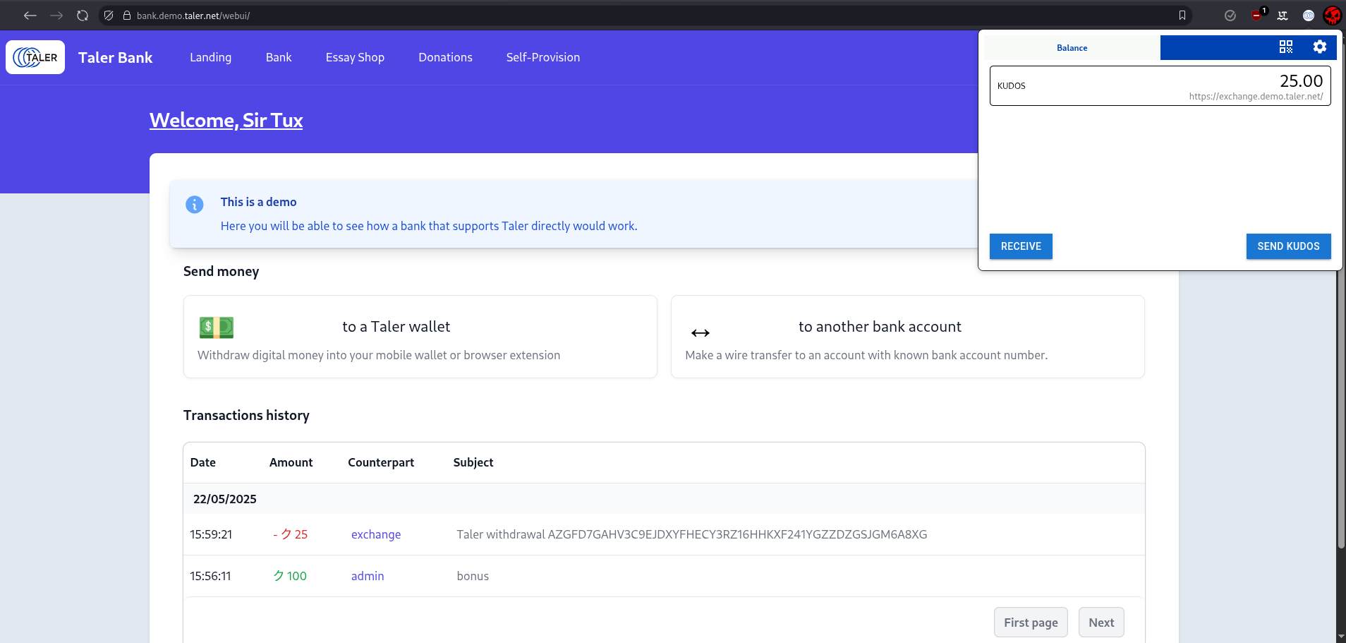 official gnu taler live demo showing me a web banking interface with the demo wallet browser extension open on the top right