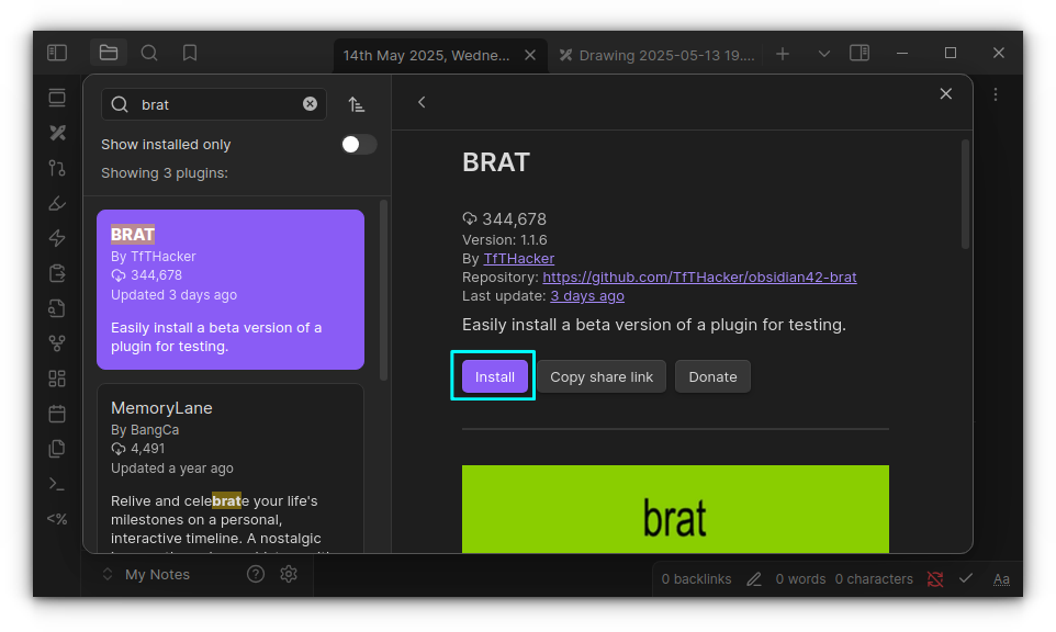 Install BRAT plugin from Obsidian plugin store