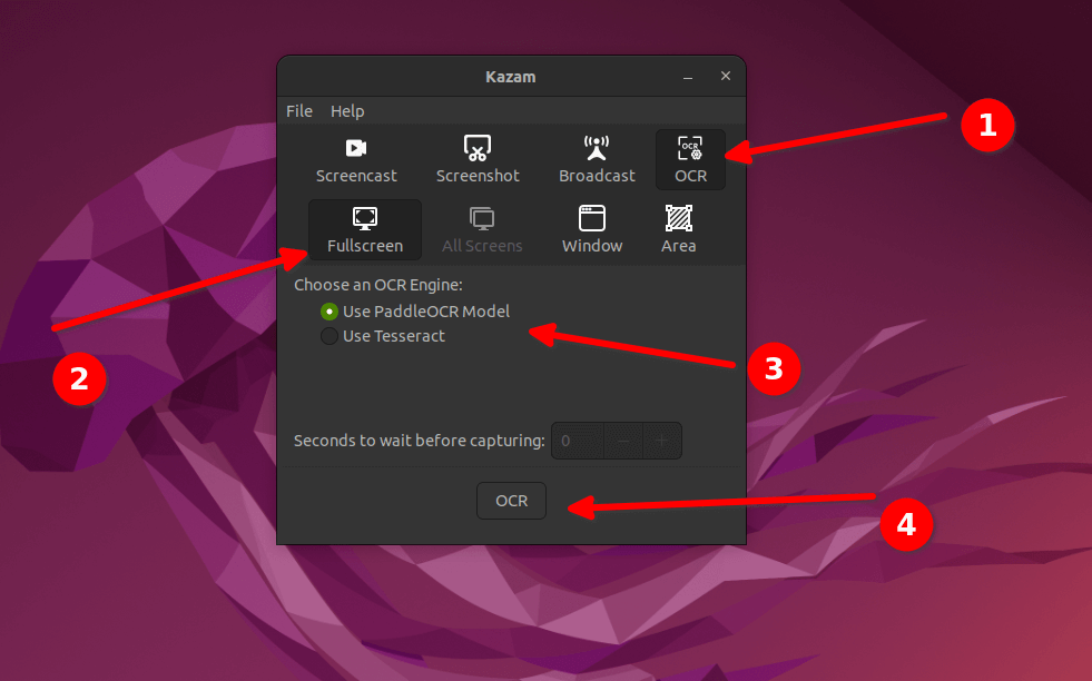 kazam ocr option screenshot