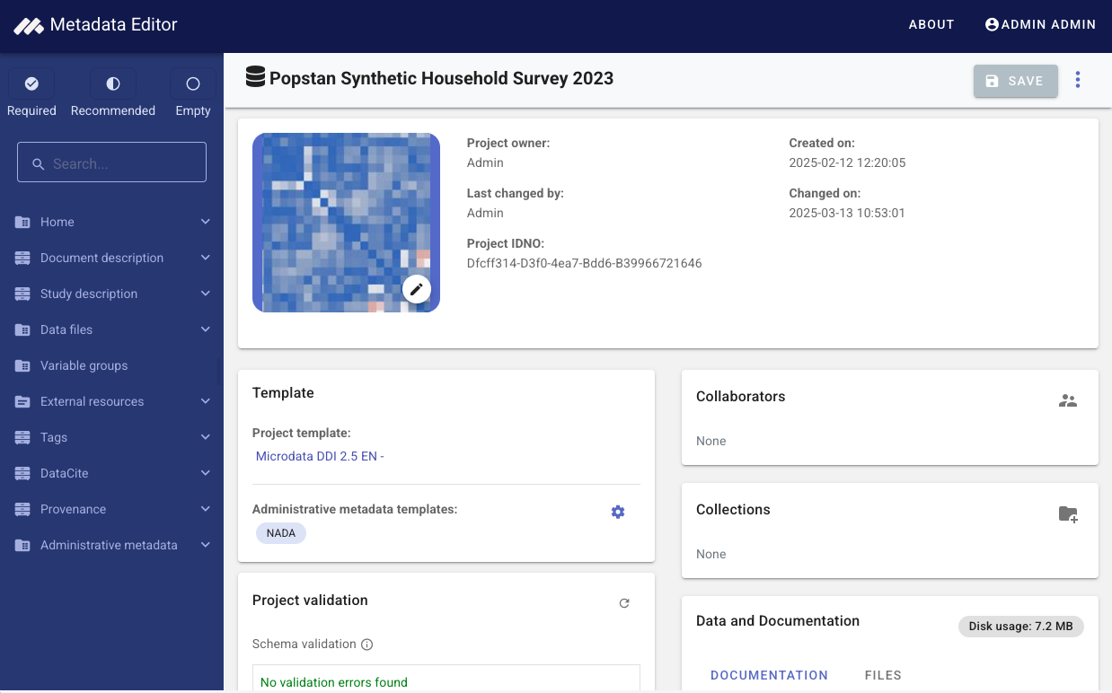 metadata editor dashboard view with some dummy data in it