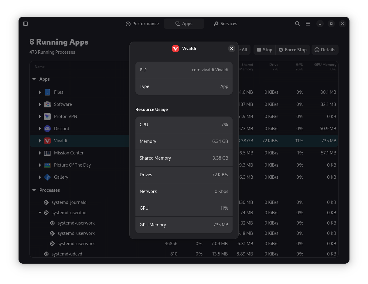 the app details dialog open in mission center for the app called vivaldi
