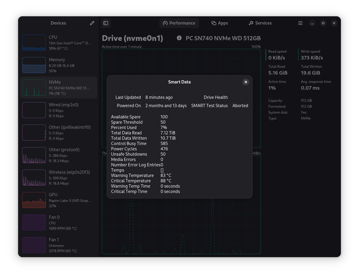 smart data of an nvme ssd being shown in mission center