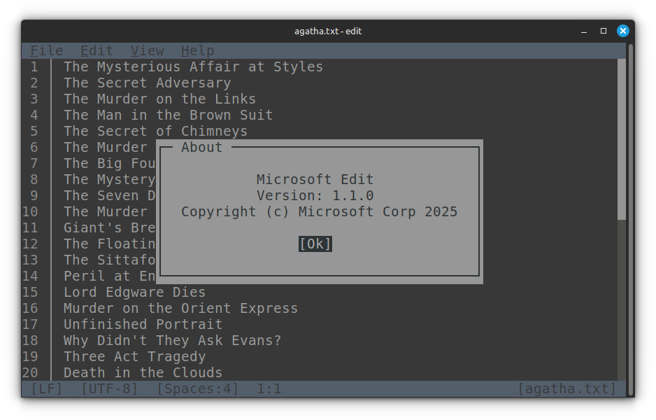 MS Edit about screen. There is also a file opened in the background. An overall view of the text editor is shown in this screenshot.