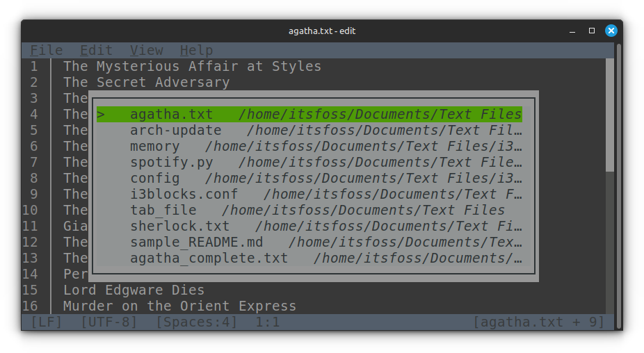 Multiple files opened in MS Edit. This screenshot shows the multiple file switcher tab. All the opened files are listed here.