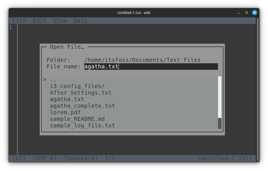 Open file screen in MS Edit. Enter the file name or location to open the file