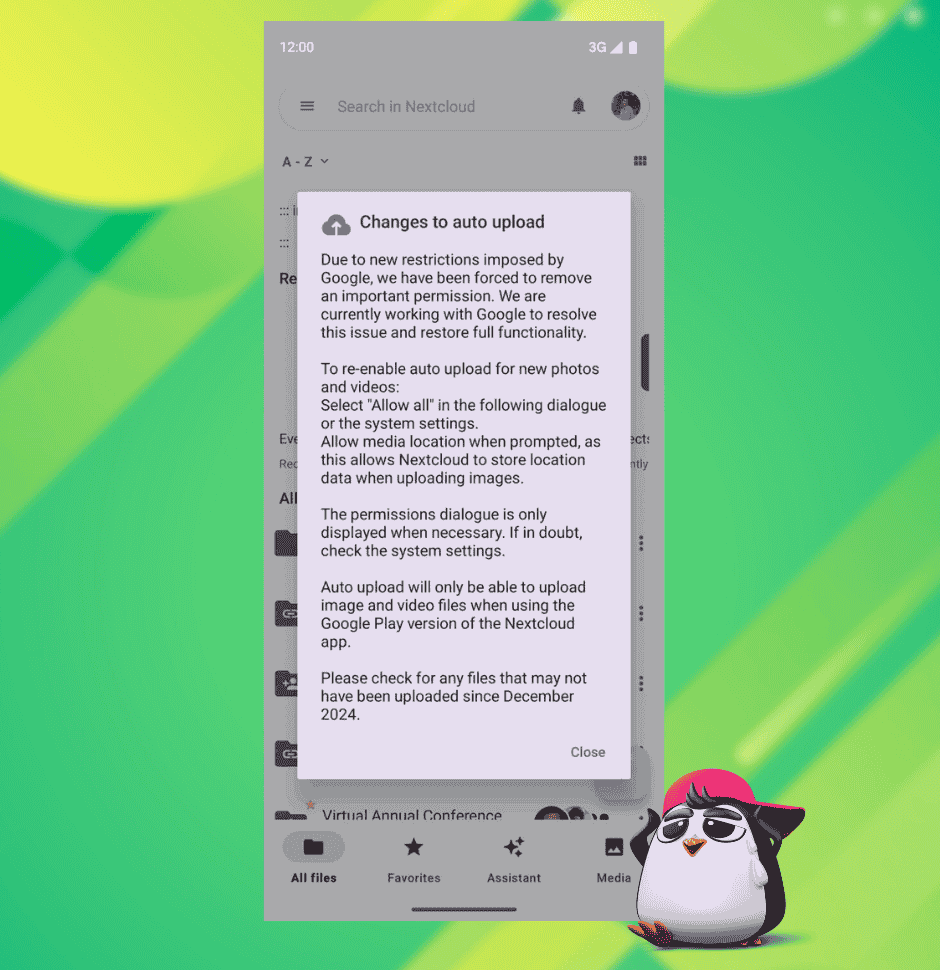 an illustration that features a sad-looking penguin, and a screenshot of the nextcloud android app from play store showing a notice regarding the auto upload feature