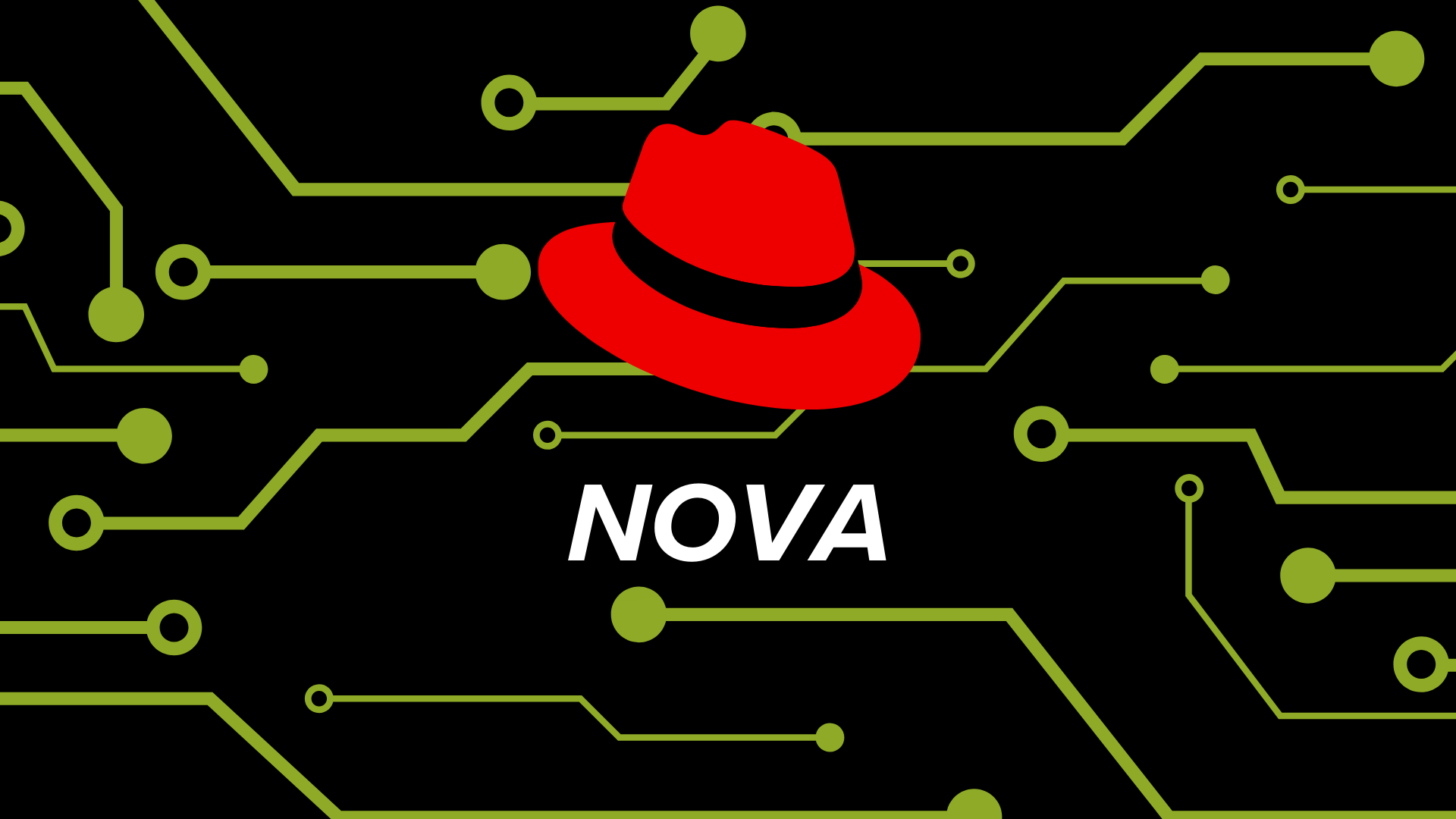 a banner that shows the red hat logo, the text nova, and some green lines to depic a pcb