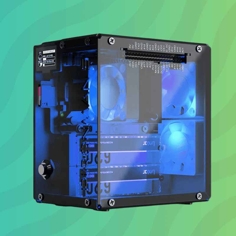 an illustration that shows the pironman 5-max case against a mixed green wavy background