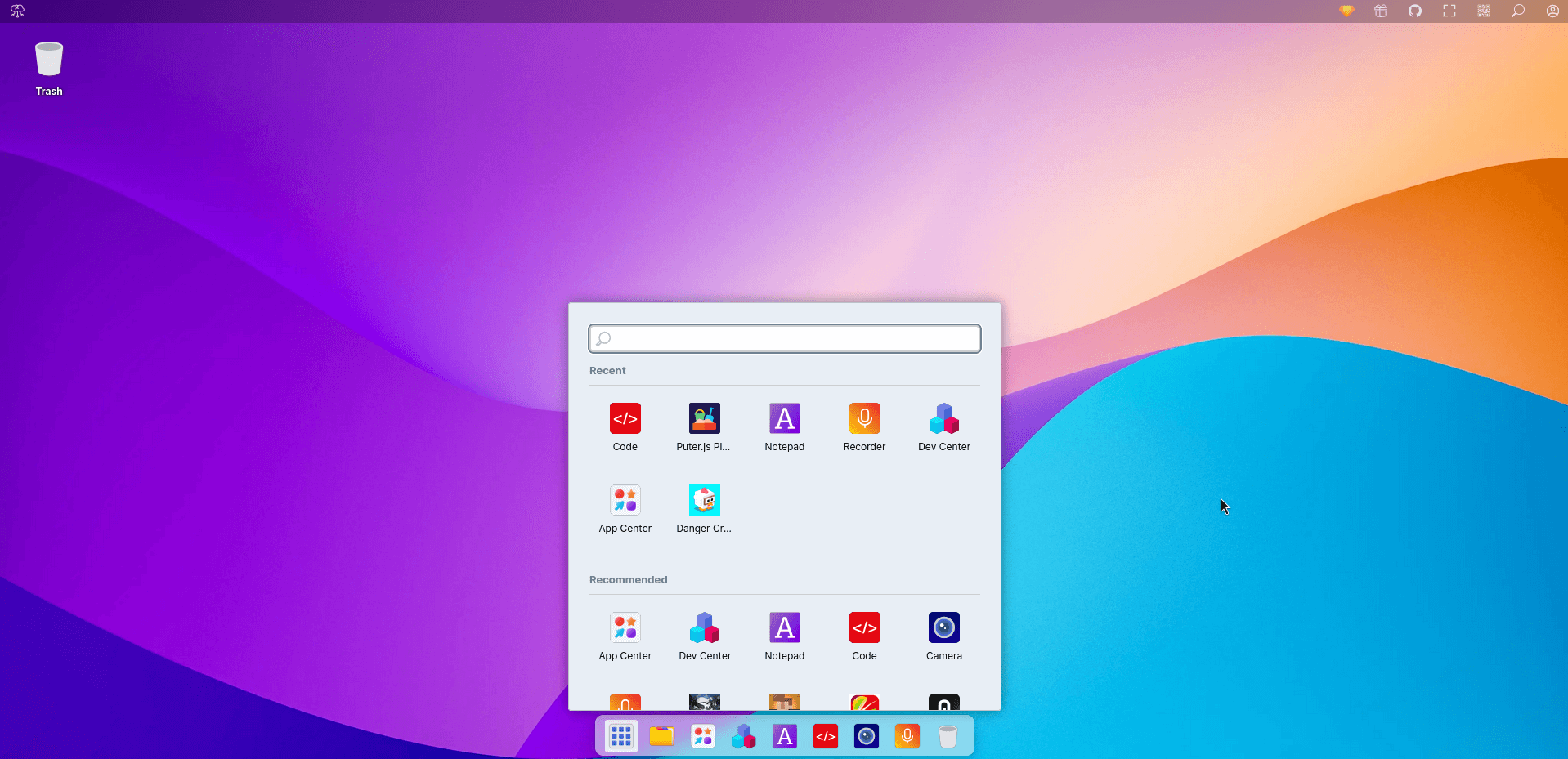 puter with its application launcher open and the default wallpaper in the background