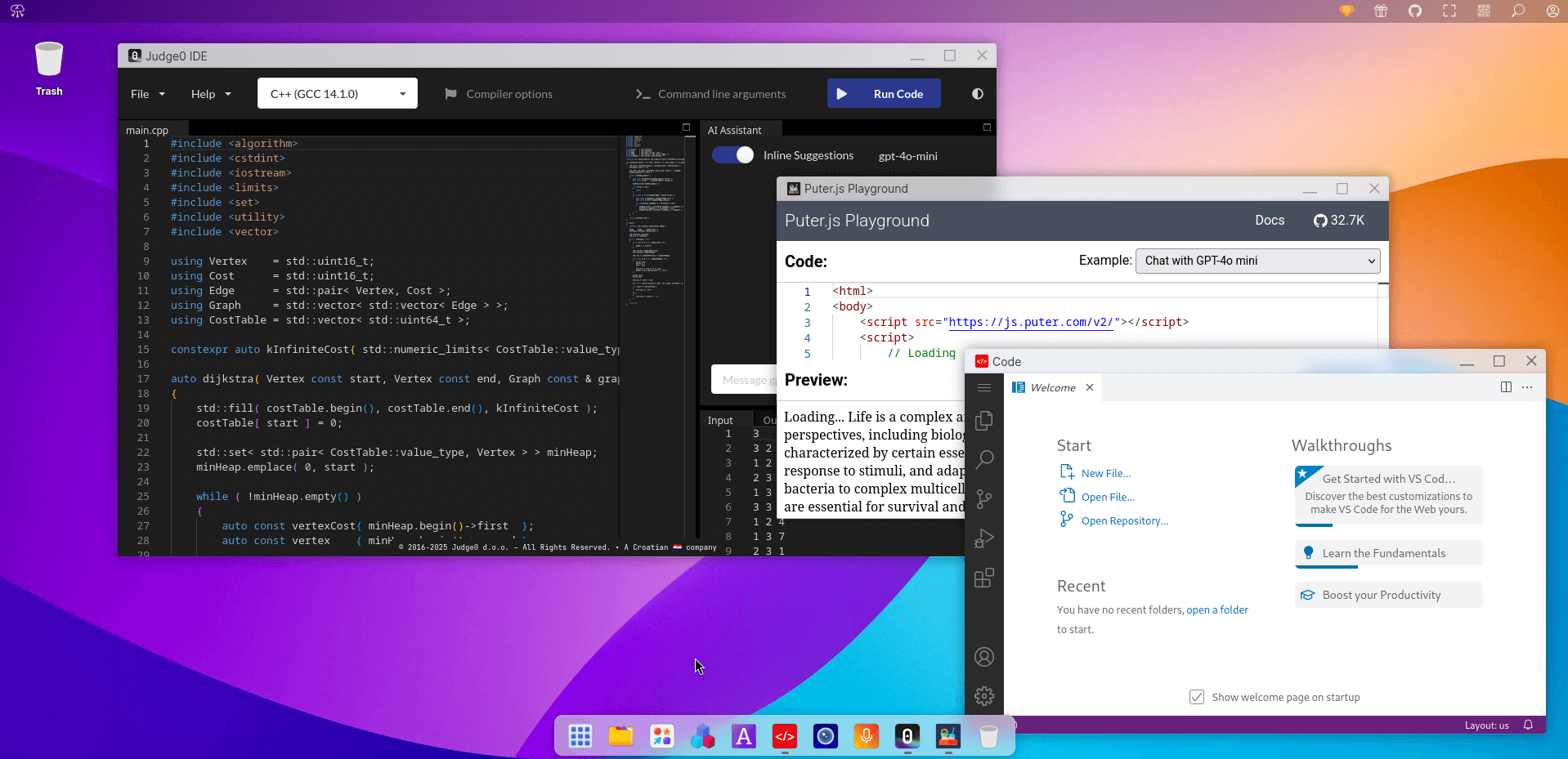 the various programming-focused applications included in the live demo of puter