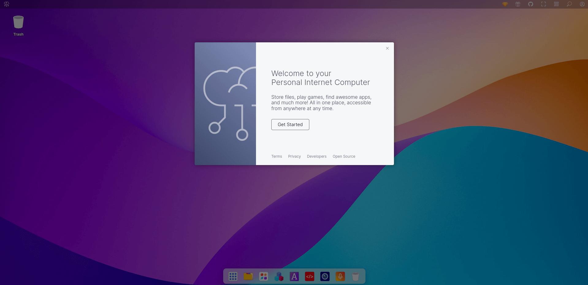 the welcome dialog on puter at first boot
