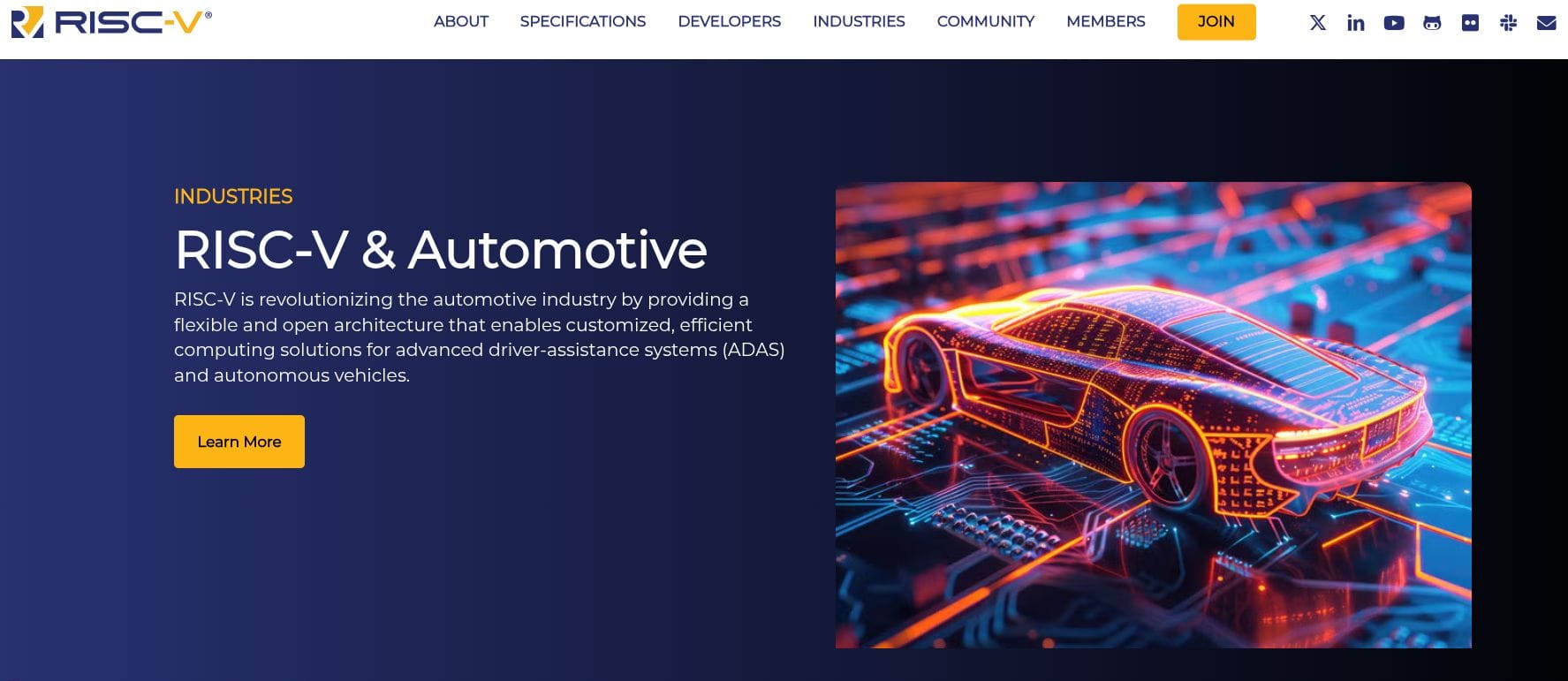 risc-v international webpage with an illustration of a car being shown