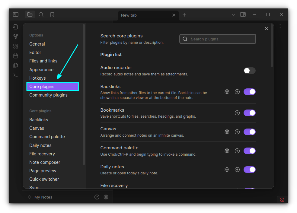 Core plugins listed in Obsidian settings tab. Most are enabled by default.