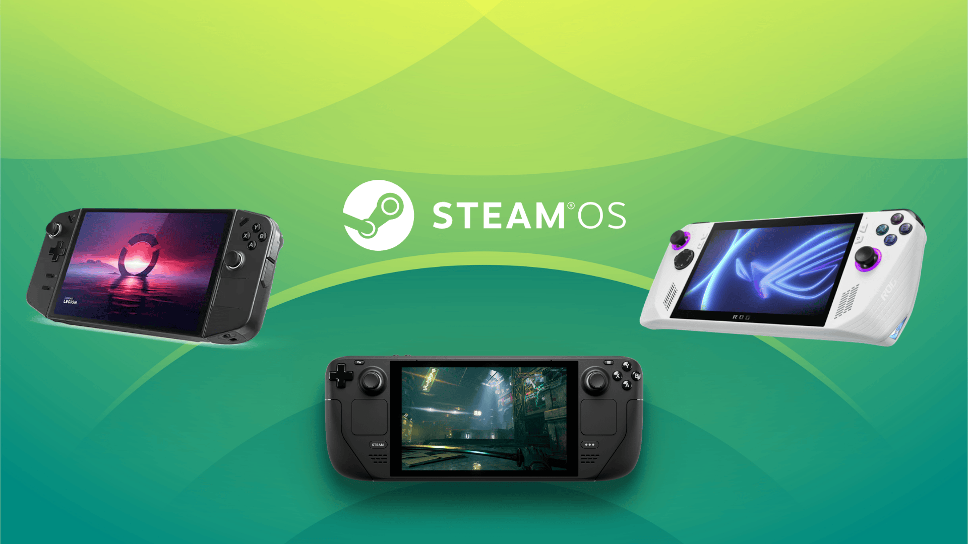an illustration that shows the steamos logo, the legion go, the asus ally (white), and the steam deck