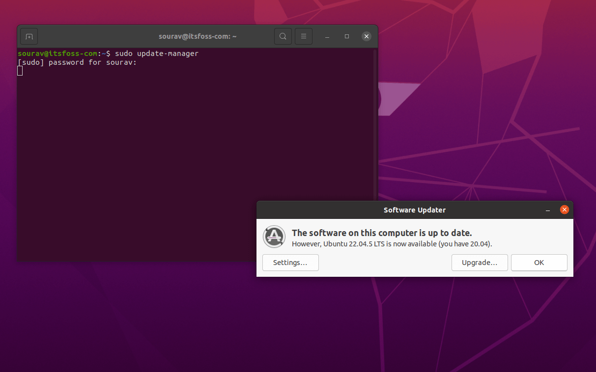 ubuntu 20.04 terminal app open with sudo update-manager command running, showing the software updater dialog