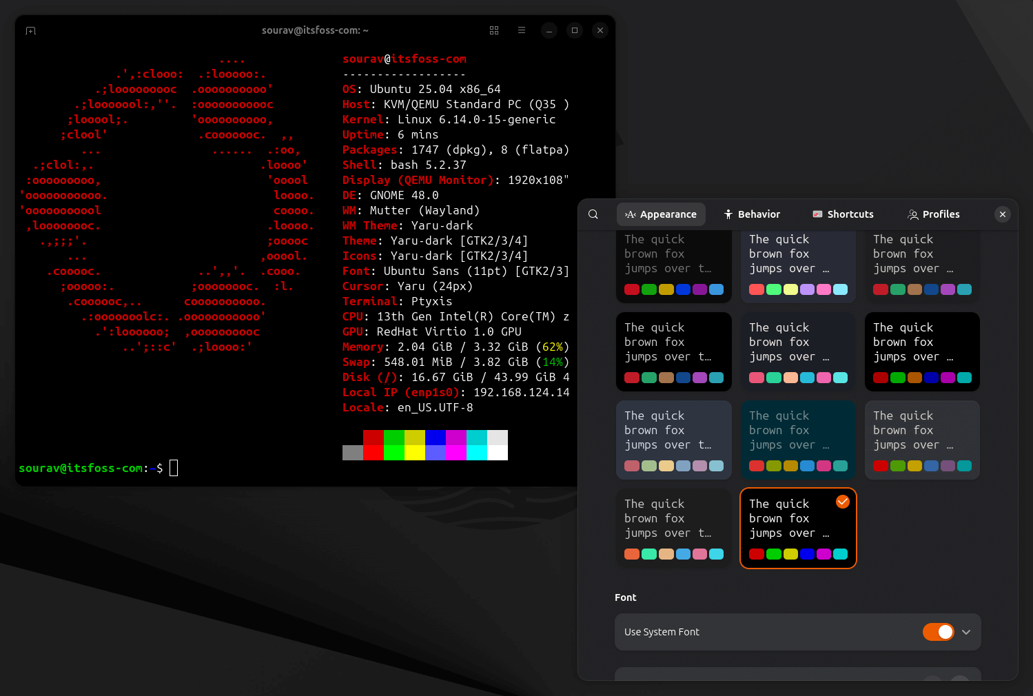 ptyxis is open with a fastfetch output and the preferences menu open with the appearance page showing on a ubuntu 25.04 virtual machine