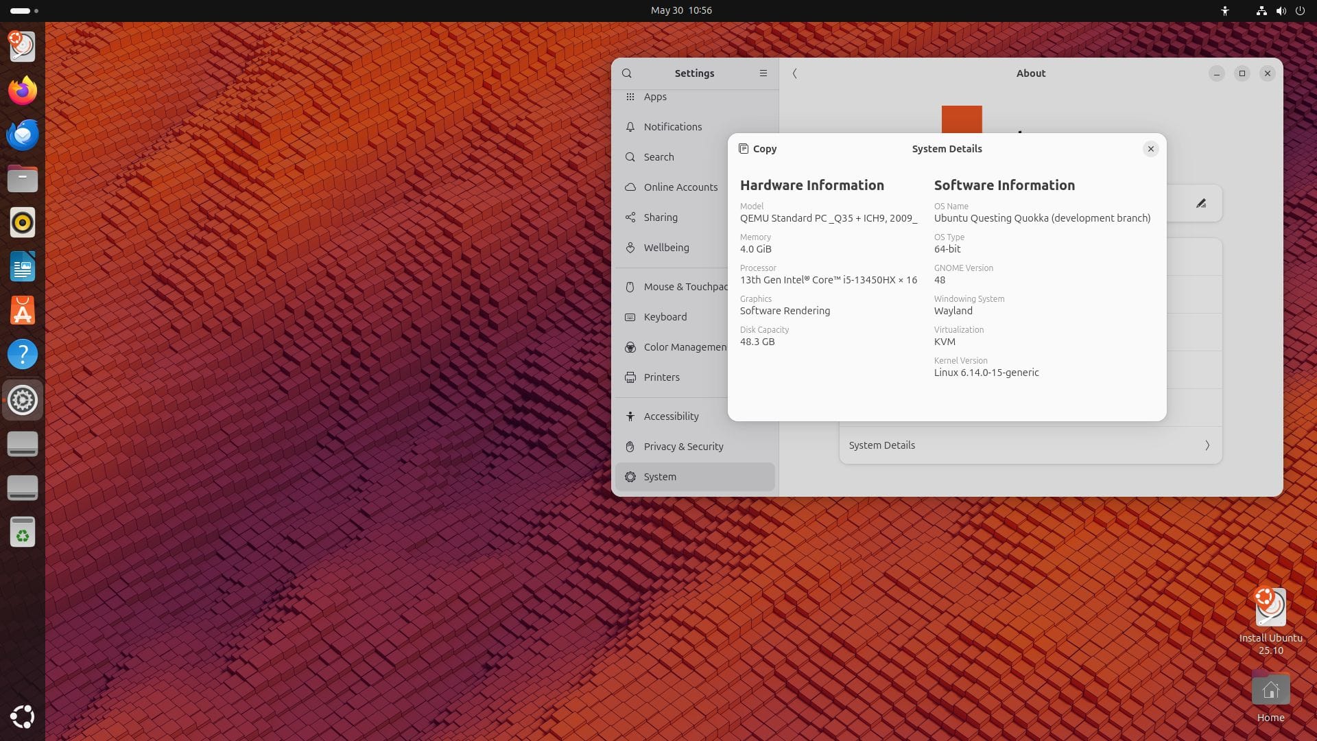 the about dialog is being shown on the first ubuntu 25.10 snapshot build