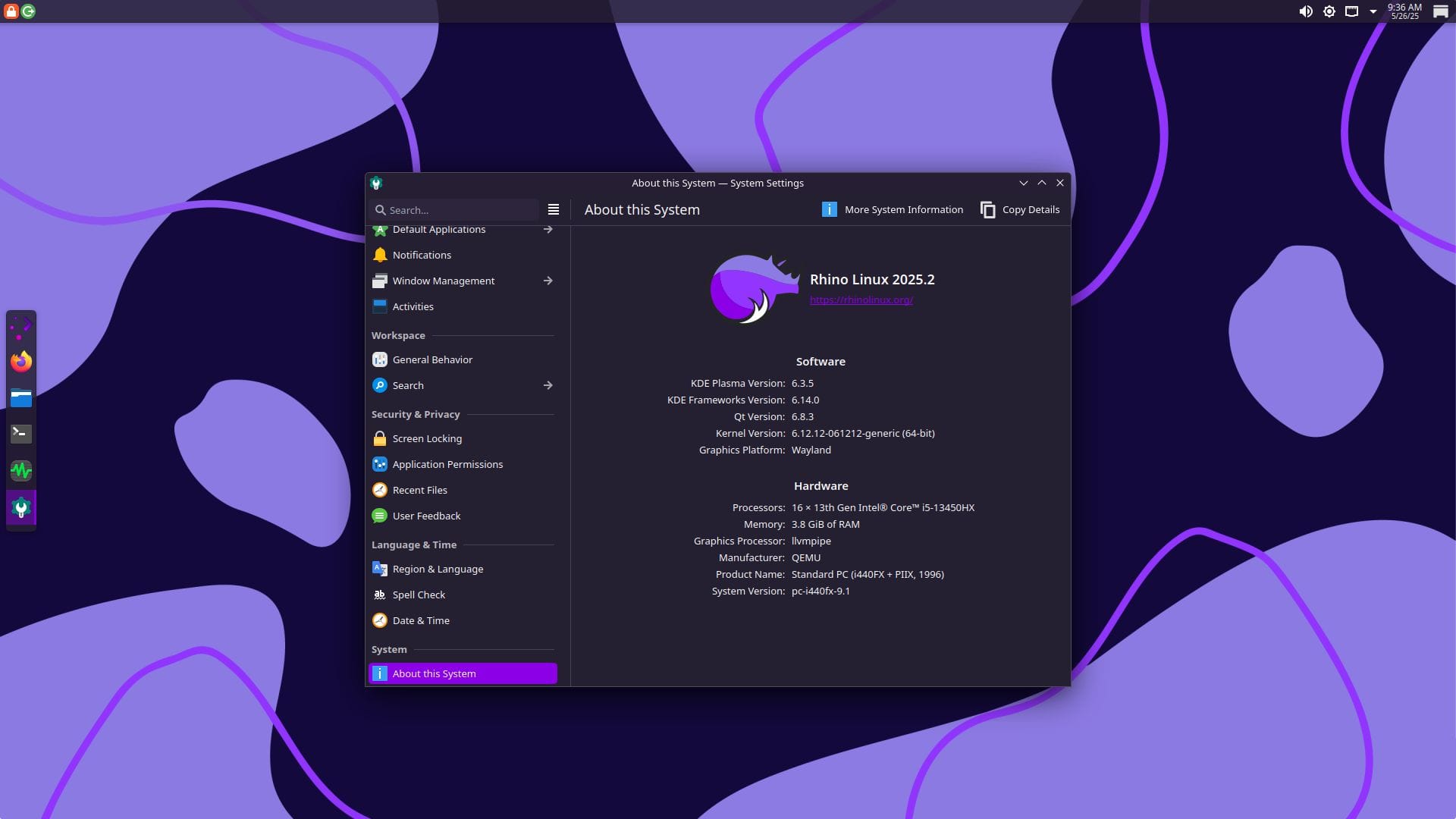 rhino linux 2025.2 about the system dialog open on a ubxi kde 6 desktop-equipped system