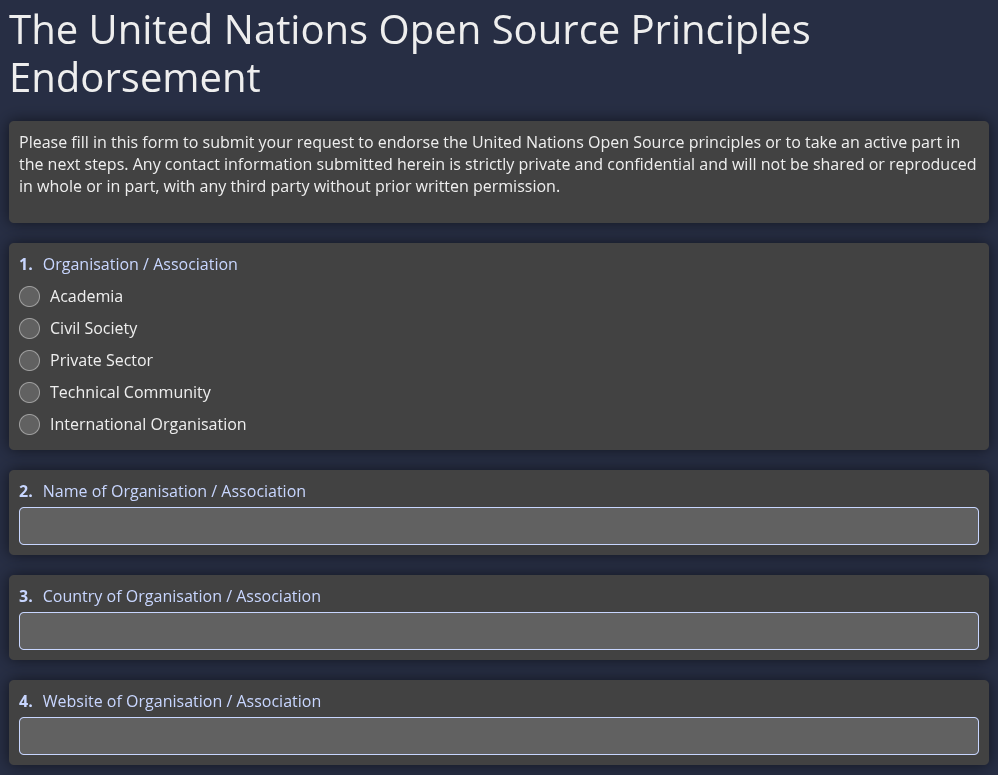 a screenshot of the united nations open source principles endorsement form made using cryptpad
