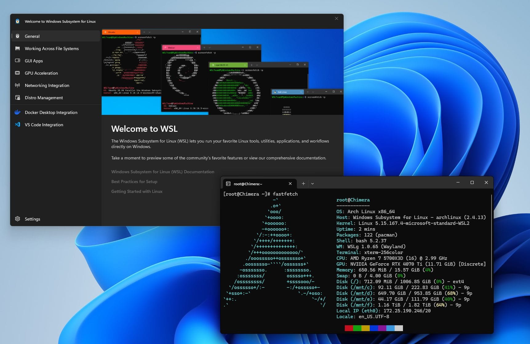 just a placeholder image of wsl running arch linux with its welcome app and a fastfetch output being shown