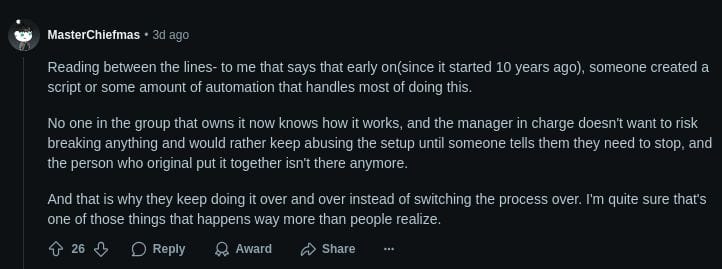 a screenshot of a reply on the topic by a redditor named masterchiefmas