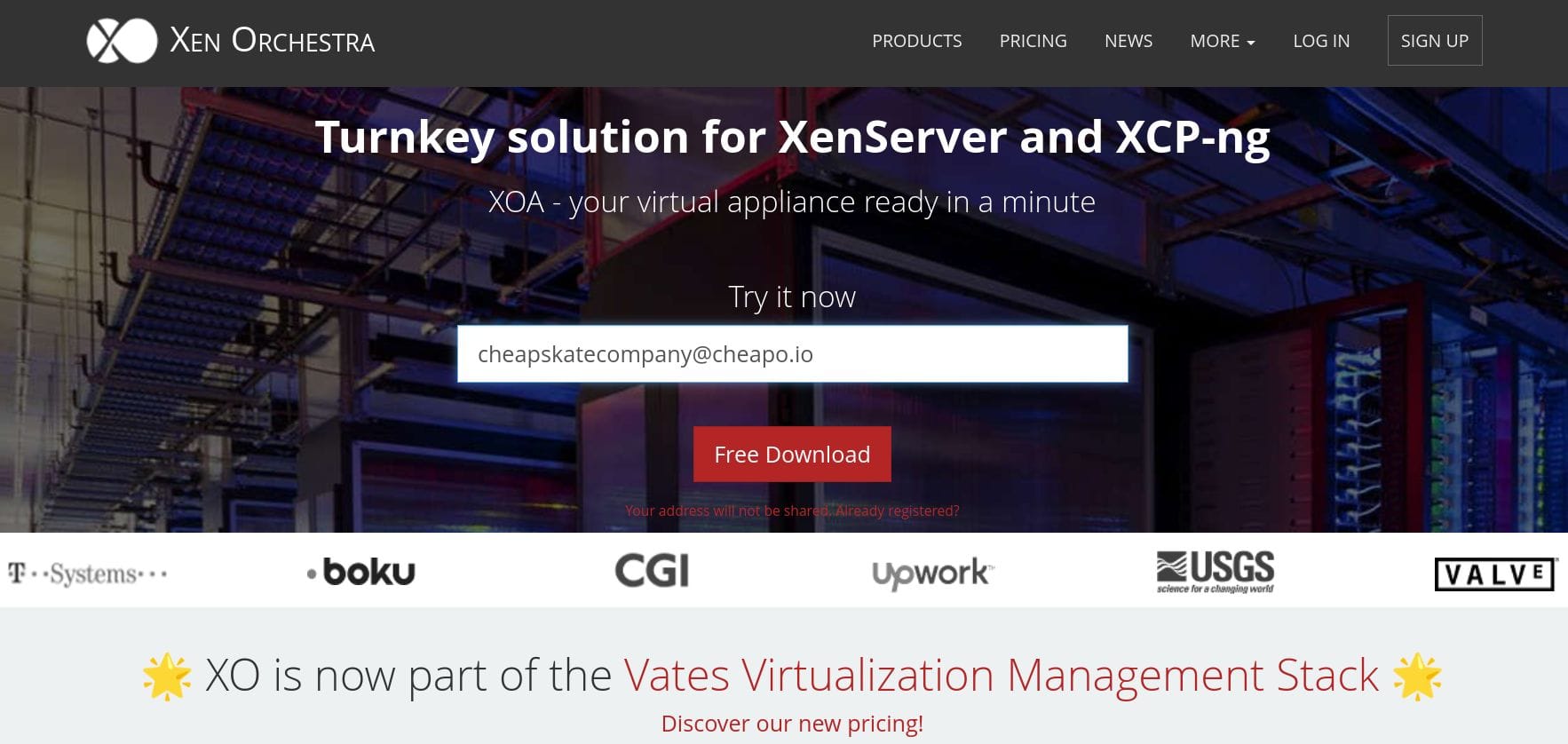 a screenshot of the xen orchestra website with the try it now text box filled with a bogous/humorous company email id: cheapskatecompany@cheapo.io