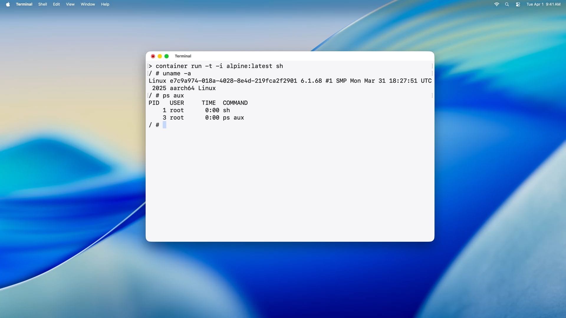 apple containerization running a container powered by alpine linux on a macos device