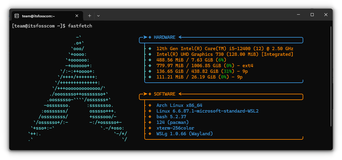Showing fastfetch output in Arch Linux WSL.