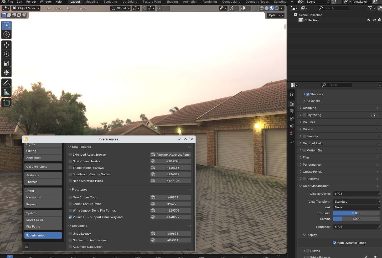a screenshot that shows blender 5.0's experimental hdr support on a wayland session on linux